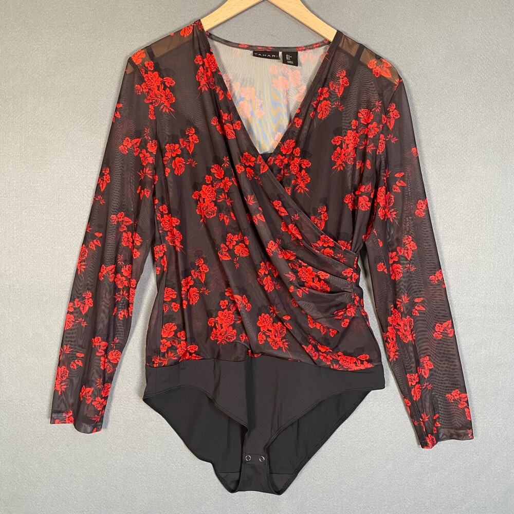 Tahari Womens Dark‎ Floral Wrap Bodysuit Size Large Sheer Whimsigoth Romantic